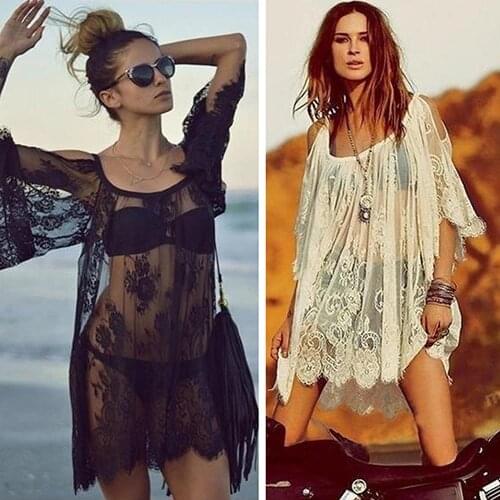 Dropshipping Womens Fashion Hollow Beach Sling Dress Sexy Lace See-through Sundress Top