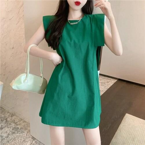 Zoki Solid Sweet Girls Dress Summer Sleeveless Loose O Neck Korean Women Mini Dress White Casual Party Vestdios 2021