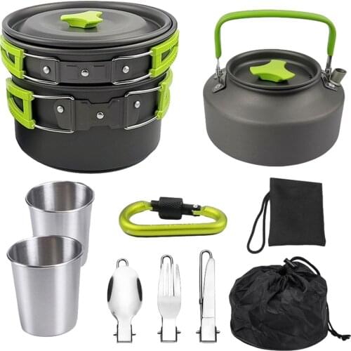 1 Set Outdoor Pots Pans Camping Cookware Picnic Cooking Set Non-stick Tableware With Spoon Fork Knife Kettle Cup For 2-3 People