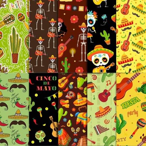 100% Cotton 10pcs 25x25cm/50x50cm Mexican Fiesta Día de Muertos Printed Cotton Fabric Bundle DIY Sewing Patchwork Material