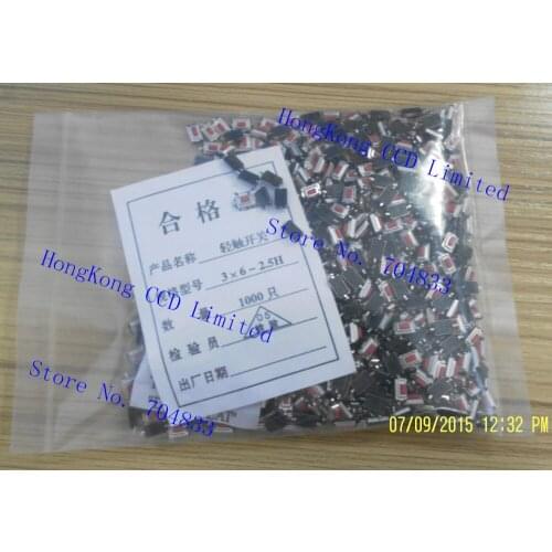 1000pcs/lot 3*6*2.5 red head button tact switch 2 PIN 3 * 6 * 2.5MM SMD 2P placement button buttons feet