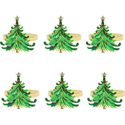 6Pcs Green Chirstmas Tree Napkin Rings,Golden Rings Designed with Red and White Diamond for Christmas Dinning Table