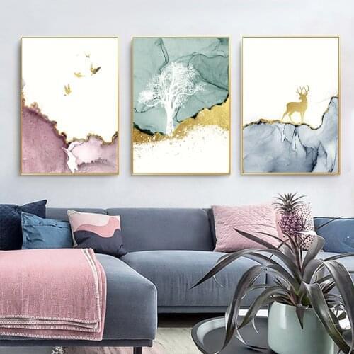 Abstract Matt Gold Deer Mountain Marble Canvas Print Painting Modern Picture Wall Art Poster Living Room Over The Sofa Decor