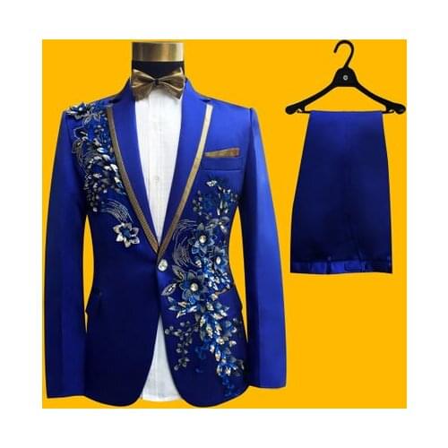 Free ship 100%real mens royal blue embroidery beading tuxedo suit /event/studio/sing/dance/stage performance/jacket with pants