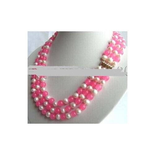 FREE SHIPPING>>> 3rows Natural White Pearl Pink stone Necklace