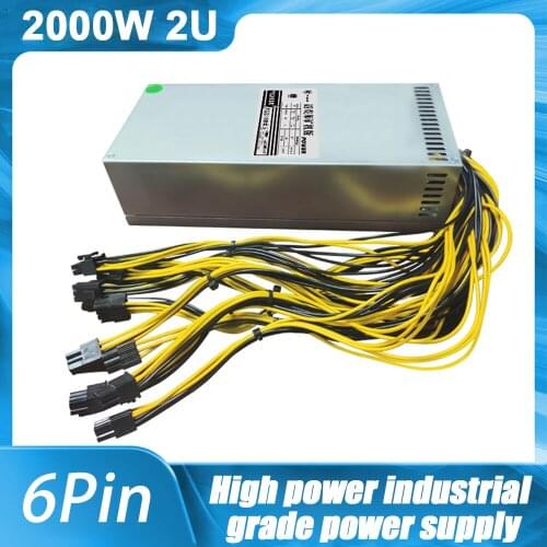 2000W ETH Mining Rig Power Supply 2U Single Channel Miner GPU PSU with 10PCI 6Pin and Fan for Multi-GPU BTC Mining Device Server