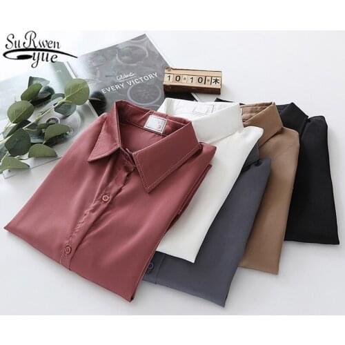 Korean Polo Collar Single Breasted Solid Women Tops and Blouses Vintage Long Sleeve Womens Shirts Loose Blouse Women 11331