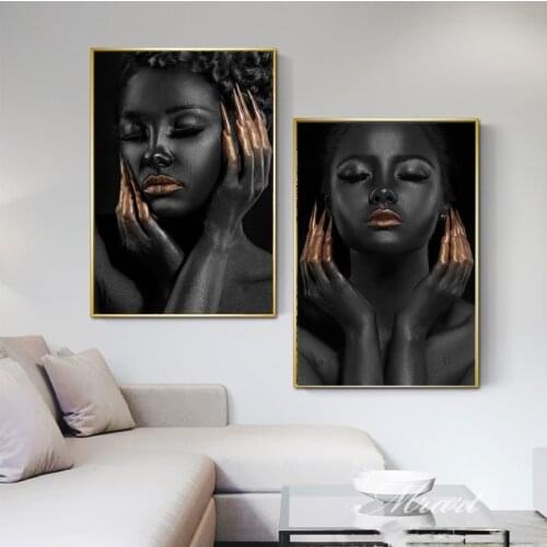 Black Girls Golden Nails Oil Painting Fashion Model Wall Art Posters and Prints Canvas Pictures for Living Room Home Decor