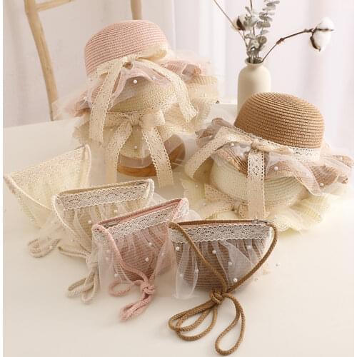 2021 Summer Childrens Monochrome Streamer Straw Hat Girls Breathable Raffia Hat Beach Sun Hat Wide Brim Travel Sun Hat