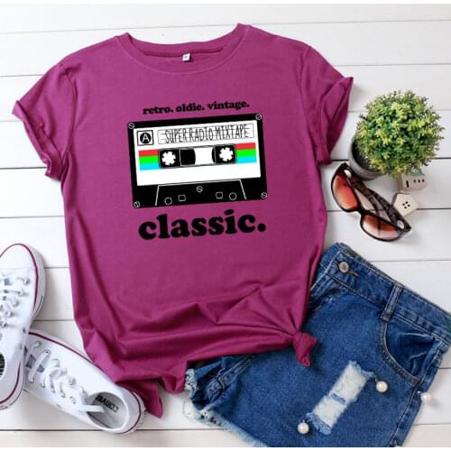 100% Cotton Summer New Womens T-shirt O-Neck Harajuku Audio tape Print Top Casual Female T shirt Oversized Size S-5XL