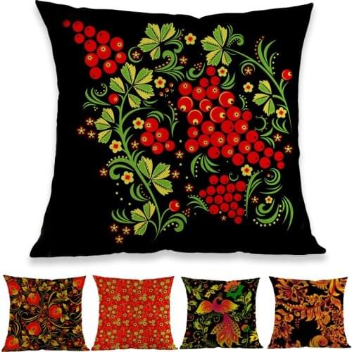 Russian Nation Characteristic Khokhloma Decor Style Floral Pattern Linen Pillow Case Home Sofa Chair Decorative Cushion Cover