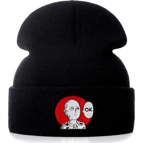 ONE PUNCH MAN OK Cotton Embroidery Casual Beanies for Men Women Knitted Winter Hat Solid Hip-hop Skullies Bonnet Unisex Cap