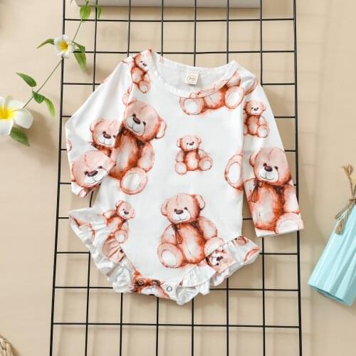 Infant Baby Girls Cute Long Sleeve Rompers Cartoon Bear Print Crew Neck Ruffle Casual Jumpsuits For Toddler Kids