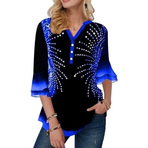 Fashion Women Plus Size T-Shirt Blingbling Print V Neck Half Flare Sleeve Loose T shirts tee tops for women female