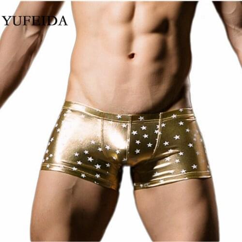 PU Leather Christmas Bronzing Mens Underwear Boxers Sexy Panties Tight Boy Boxer Shorts Trunks Sexy Underpants Cueca Masculina