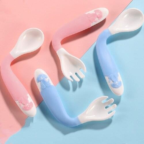 Baby Bendable Silicon Spoon & Fork Set Smooth Edge Angle of Bend Convenient for Toddlers Infants Kids Learn to Eat Safe Feeding