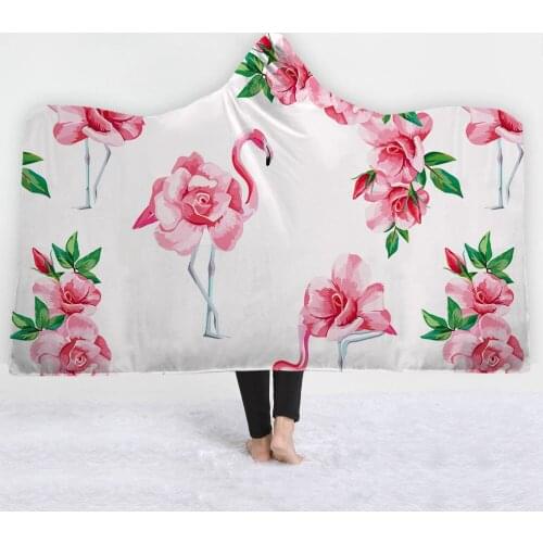 Drop Shipping Cartoon Flamingo Microfiber Hooded Blanket for Kids Adult Girls Floral Sherpa Fleece Wearable Pink Blanket