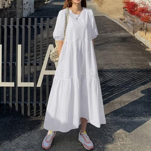 ZANZEA Stylish Puff Sleeve Dress Women Summer Sundress 2021 Solid Ruffle Maxi Vestidos Female High Waist Casual Robe