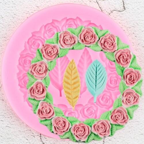 Rose Wreath Border Silicone Molds Flower Leaves Cupcake Topper Fondant Cake Decorating Tools Candy Clay Chocolate Gumpaste Mould