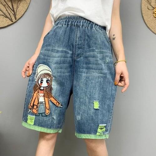 Korean Women Baggy Shorts Jeans Streetwear Femme High Waist Denim Shorts Teen Cute Patchwork Ripped Distressed Short Jeans Pants