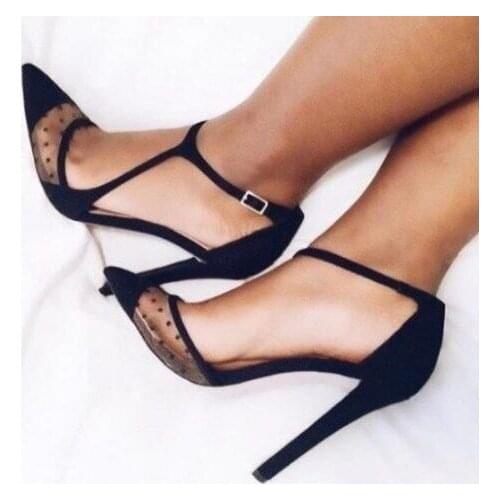 Sexy Black Polka Dots Mesh Shoes Pointy Toe Ankle Strap Stiletto Heels Pumps Women Shoes Cut-out Patchwork Lady Dress Shoes