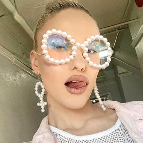 Vintage Women Pearl Glasses Frame 2021 Luxury Wave legs Cateye Sunglasses Fashion Rainbow Pearl Frames Clear Lens Female Eyewear