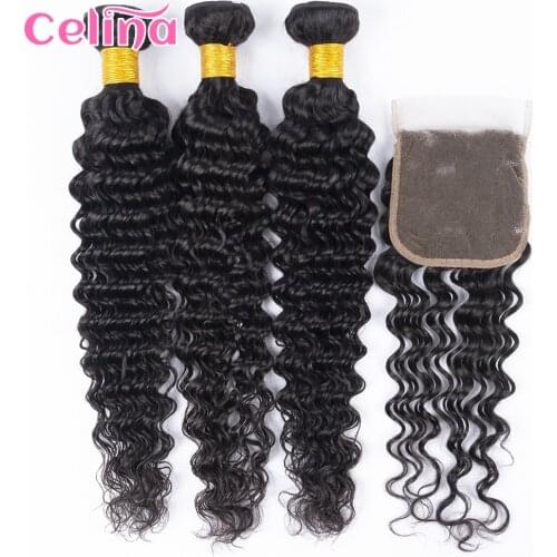 Deep Wave Bundles with Closure Brazilian Remy Human Hair Bundles with Closure 4x4 Pre plucked Swiss Lace Closure with 3 Bundles