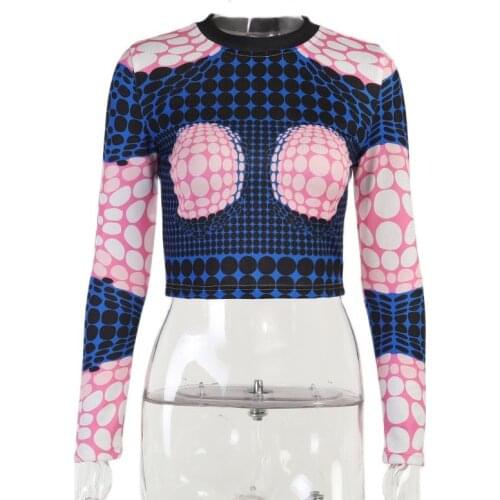 Autumn Print Long Sleeve Round Neck Tshirt Woman Sexy Skinny High Street Crop Tops Casual Fashion Female Dot Graphic Tees Shirt