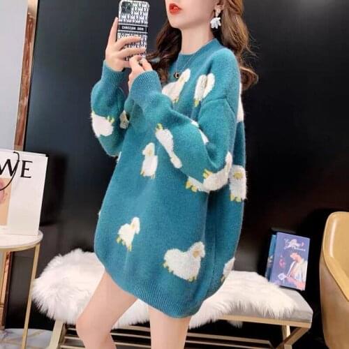 Cartoon Sheep Print Pullover Sweater Women 2020 O Neck Loose Knit Womens Jumpers Autumn Winter Fashion Knitwear Coat