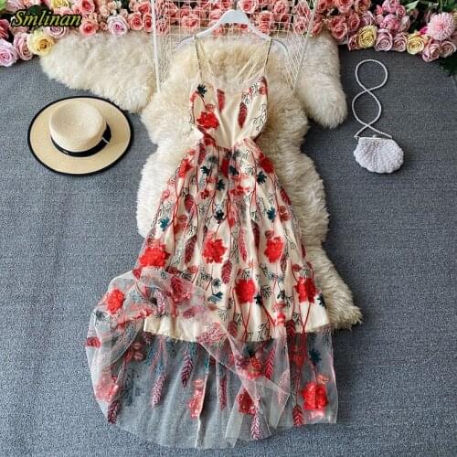 Smlinan Summer Women Bohemian Spaghetti Strap Dress Sexy Backless Vintage Mesh Dress Embroidery Floral Evening Party Dresses