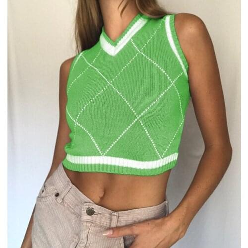 IAMSURE Vintage Argyle Plaid Sweater Vest for Women Preppy Style V-Neck Sleeveless Aesthetic Tops Kpop Casual Outfits 90s Ladies