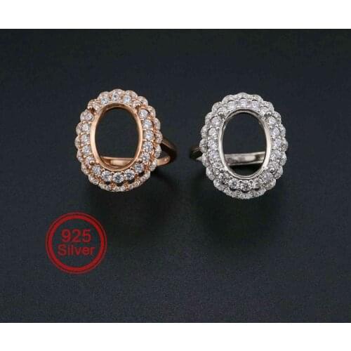 10x14MM Oval Double Halo Pave CZ Stone Rose Gold Plated Solid 925 Sterling Silver Adjustable Prong Ring Settings 1224029