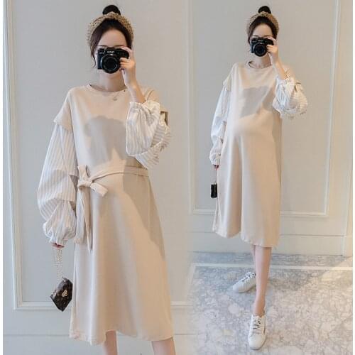 2020 Autumn Korean Fashion Maternity Dress Sweet Patchwork Ties Waist Loose Clothes for Pregnant Women Elegant Pregnancy