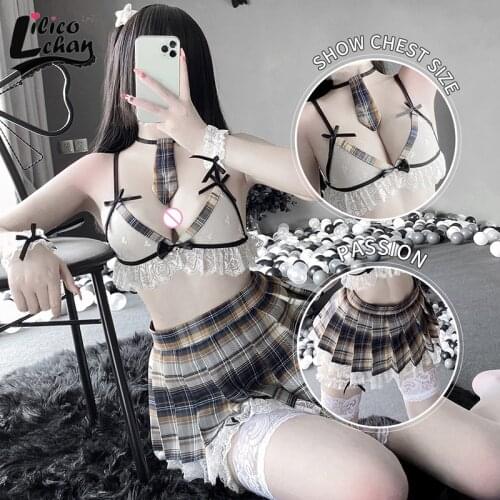 7Pcs JK Backless Women Sexy Schoolgirl Cosplay Costumes Sailor Pleated Lace Perspective Kawaii Sweet Bow Japanese Mini Skirt New