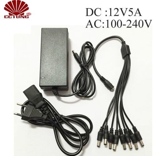 AC 100V--240V to DC 12V 5A Power Supply Adapter + 8 Split Power Cable for Analog AHD TVI CVI CCTV Security Camera DVR Systems