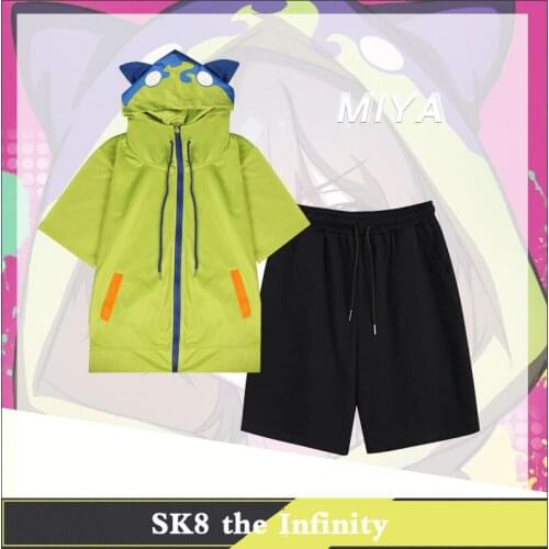 Anime SK8 the Infinity Miya Chinen Cosplay Costumes Green Short Sleeve Hoodie Unisex Zipper Tee Top Shirts Black Pants