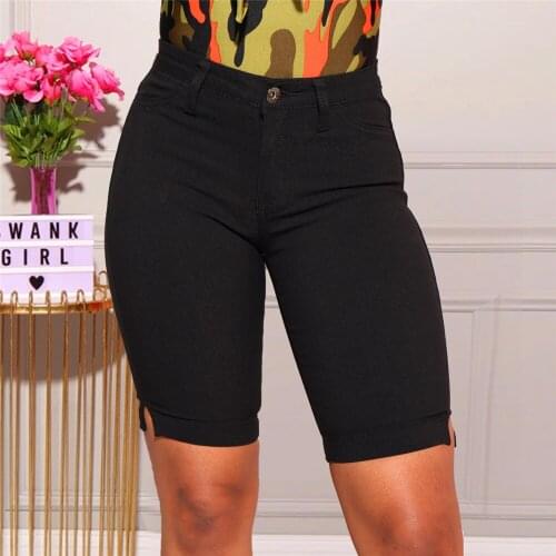 Black High Waist Straight Casual Denim Shorts Women 2021 New Summer Solid Color Slim Knee Length Jeans Lady Cotton Jeans Shorts