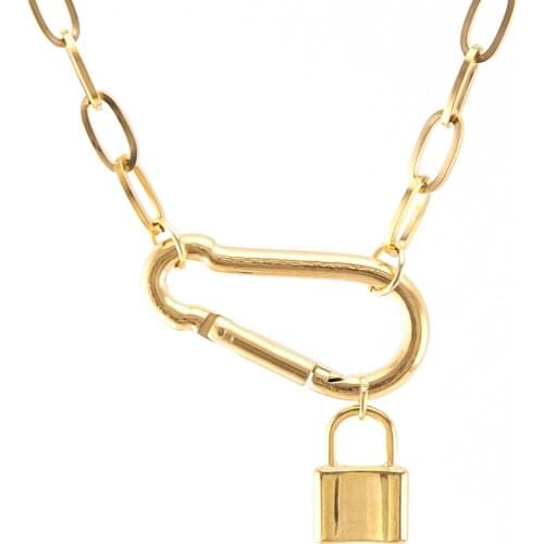 Gold color Lucky lock Coin Saint Women goth necklace Punk Rock Carabiner charm clasp Stainless steel Long choker