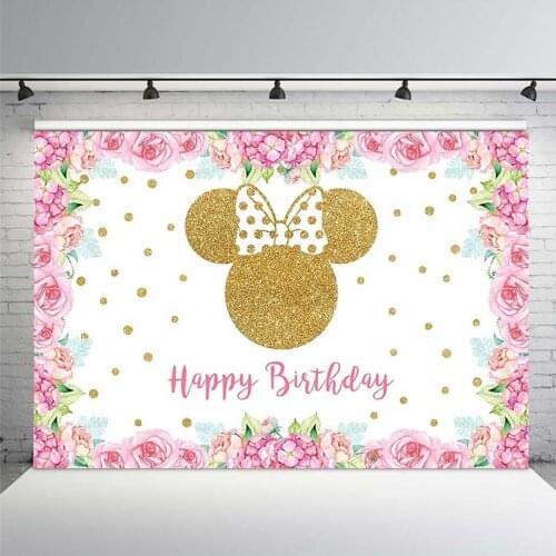 Girl Cartoon Golden Glittering Mouse Backdrop Birthday Party Banner Photographic Background Mural Poster Scene Setter Decoration