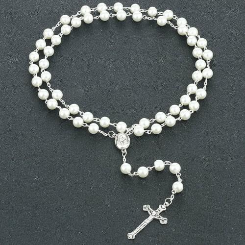 Catholic Holy Virgin Mary Rosary Necklace Cross Jesus Pendant Jewelry White Imitation Pearls Beads Necklace for Women Gifts CN94
