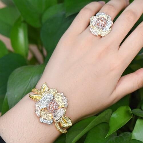 Kellybola Luxury Flower Full Cubic Zirconia Geometry Shiny Bracelet Ring Sets Dress Jewelry Accessories High Quality
