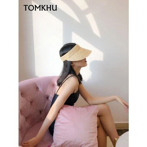 New Women Summer Outdoor Beach Fashion Caps Sun Hats For Women Chapeau Female Empty Roof Straw Raffia Weaving Pure Handwork