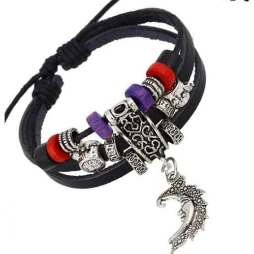Fashion Vintage Moon Alarm Clock Charm Beaded Black Rope Leather Bracelet Beads Bangle Wrap Wristbands Adjustable Unisex Jewelry