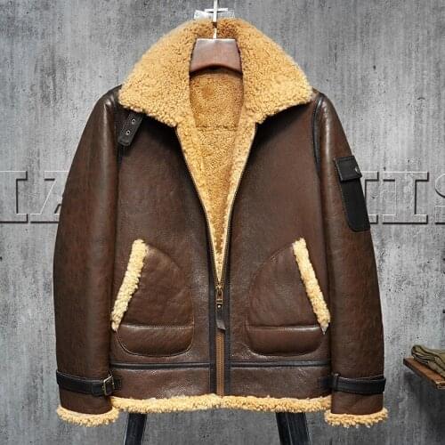 Mens Shearling Jacket Original Flying B3 Jacket Mens Fur Coat Aviation Leathercraft Turmeri Pilots Coat Dark Brown Brown WZS00