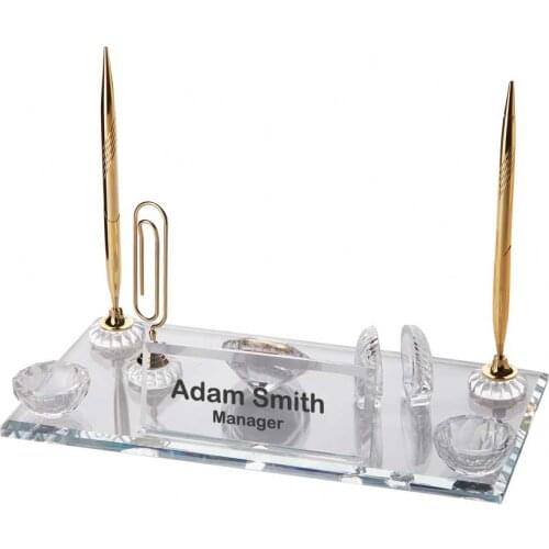 Crystal Glass Desk Name Plate and Pen Desk Stand Set - Personalized Name Plate, Crystal Clock, Custom Engraved Awards, Teachers