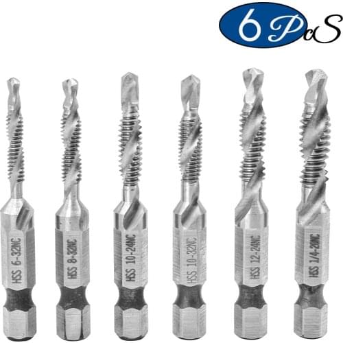 NINDEJIN 6pcs/set UNC thread screw tap drill bits set 6-32 8-32 10-24 10-32 hex shank hss tap drill bits set for metal wood