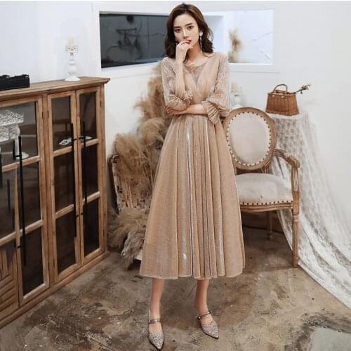 Simple Fashion O-Neck Evening Dress Elegant Half Sleeves Zipper Back Sequins A-Line Tea-Length Woman Formal Party Gowns A1289