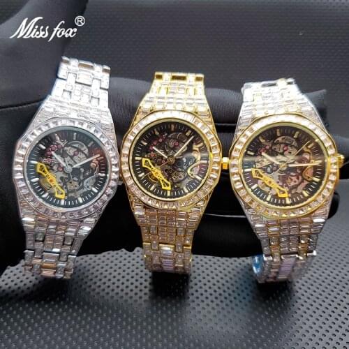 Relogio Masculino de Luxo MISSFOX Ice Out Baguette Stones Automatic Mens Mechanic Watches Top Brand Orologio Automatico Uomo
