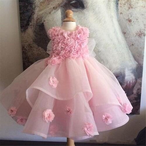 Pink Flower Girl Dresses For Weddings Tulle Ball Gown Sleeveless Fluffy Applique For Little Girls First Communion Party Dresses