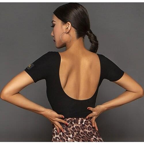 Latin Dance Shirts Lady Tango Cha Cha Rumba Samba Dancewear Women Black Short Sleeve Sexy Big Backless Practice Tops DNV12970